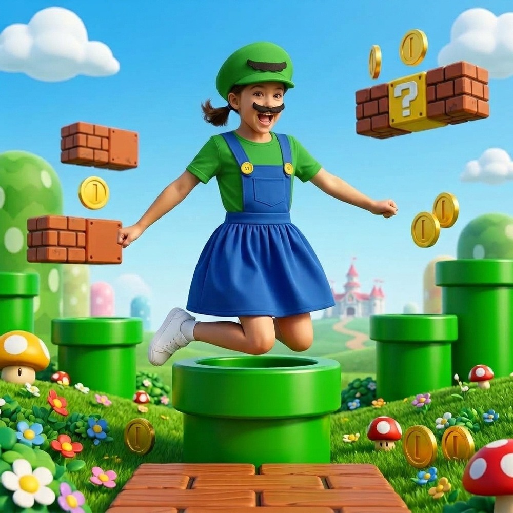 Kids Luigi Costume Dress with Hat Super Mario Bros Cosplay Green Blue Size M